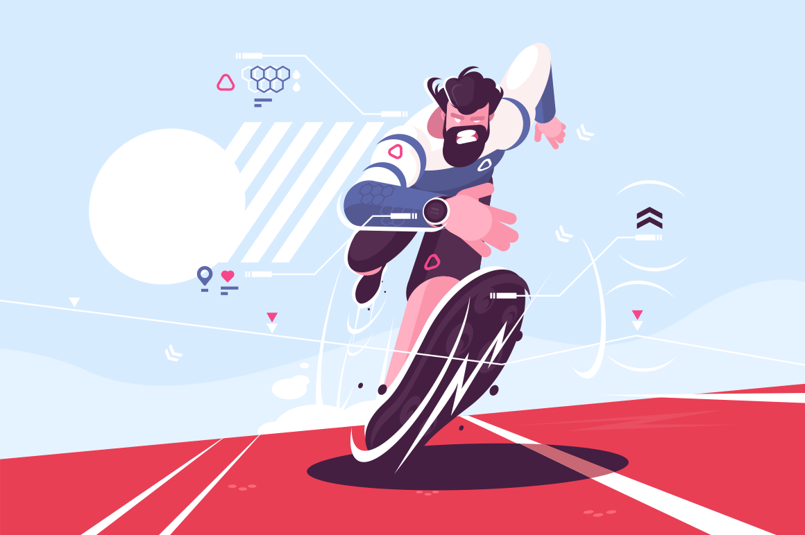 Bearded dude running fast on stadium vector illustration. Man in sport watch with pulse and location data on race track flat style concept. Runner sprinter guy on workout