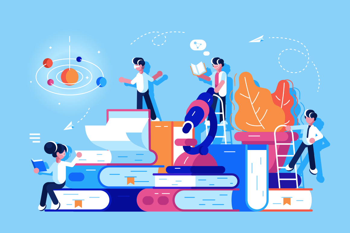 People in educational process vector illustration. Boys and girls standing near pile of books and microscope. Students reading studying and searching information flat style concept
