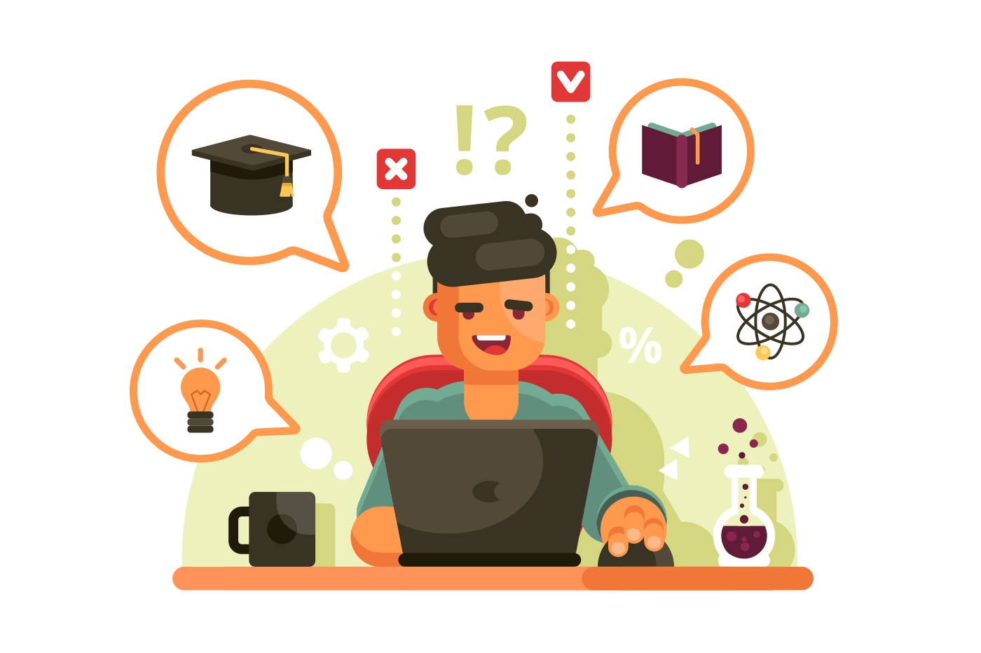 Man studying with laptop. Online education concept. Student learning process. Flat. Vector illustration.