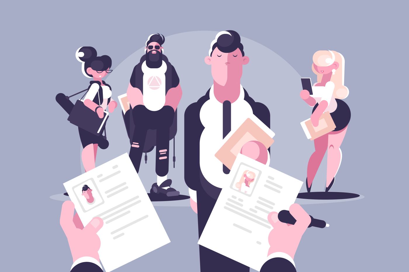 Election of candidates for vacancy. Concept recruitment with hr, choice between man and woman. Vector illustration.