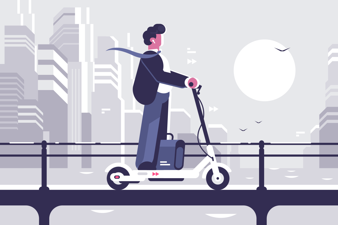 Young man riding electric scooter modern cityscape background. Ecology transport concept. Flat style. Vector illustration.