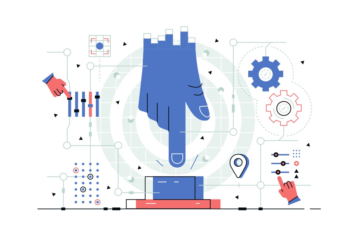Enable option of manual controlling vector illustration. Enormous blue hand trying to touch big colorful button in room with mechanisms flat style design. IT maintenance concept
