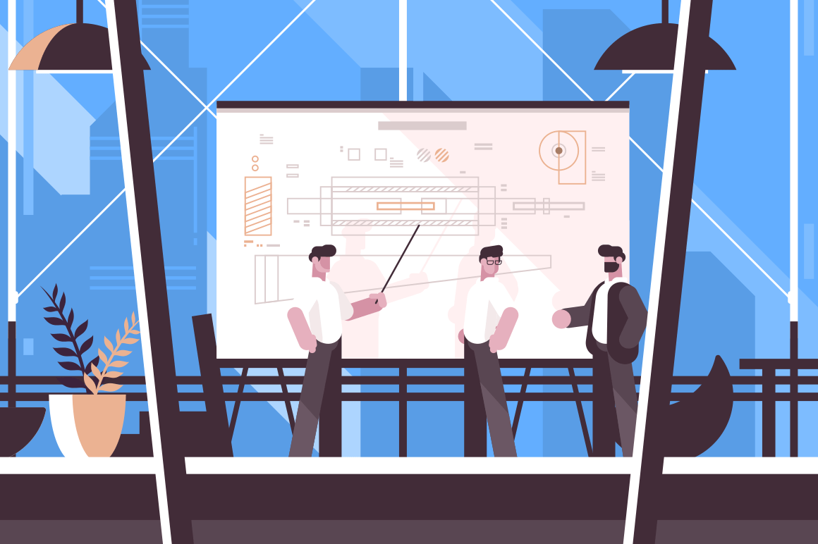 Man engineer showing on blackboard information vector illustration. Worker making presentation with drawings at office flat style concept. Professionals team