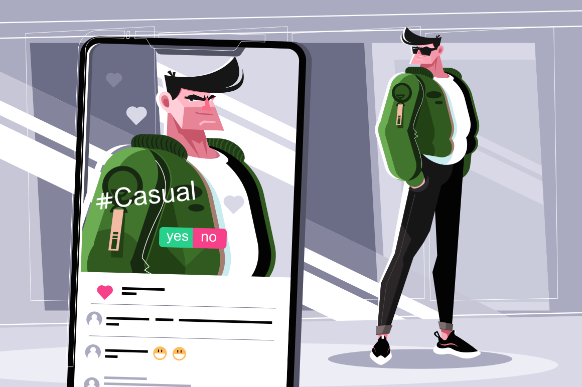 Enviable guy in stylish casual clothes vector illustration. Modern smartphone with open application of profile stylish fashionable male. Flat concept