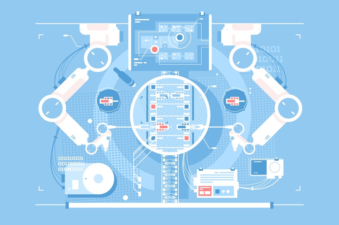 Exact edits room with infographic technologies vector illustration. Virtual reality scientific chamber with different complicated flat style design. IT maintenance concept