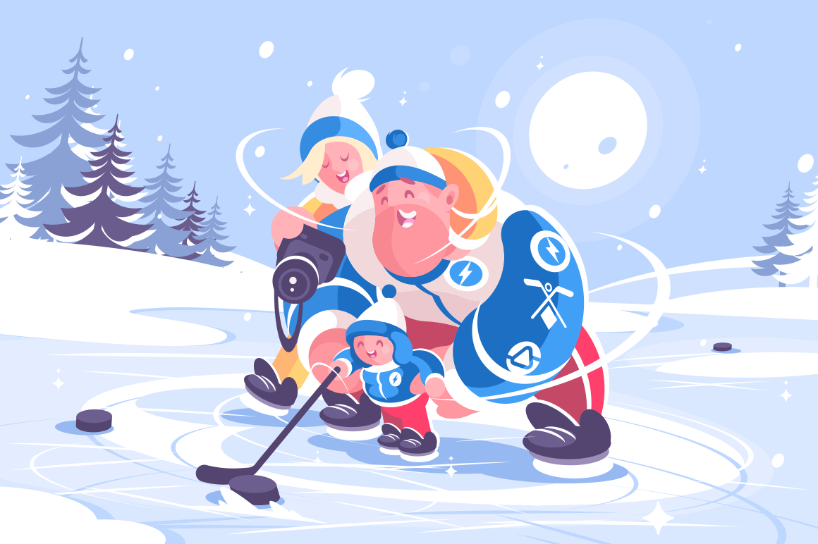 Cartoon family playing in hockey flat poster. Mom dad and little kid having good leisure time together on ice vector illustration. Winter sport. Concept of parenthood