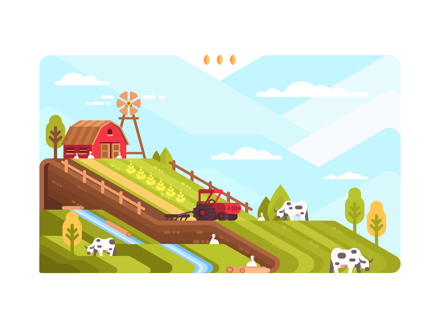 Agricultural farm with fields and livestock. Harvesting and cultivating land. Vector illustration