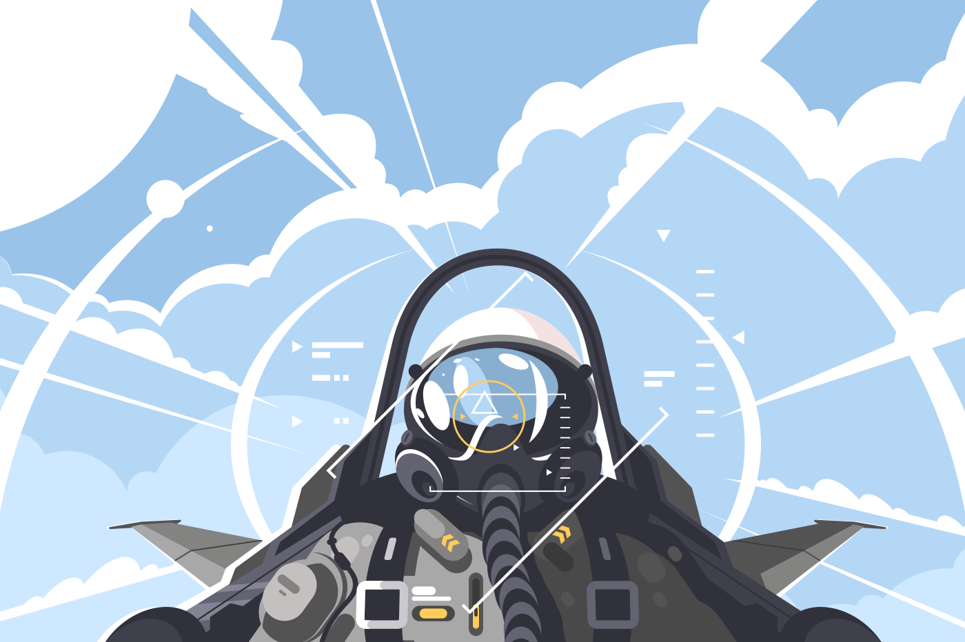 Fighter pilot in cockpit. Combat aircraft on mission. Vector illustration