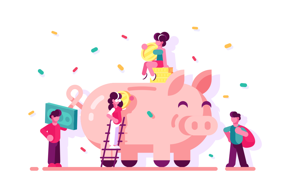 People saving money in piggy bank vector illustration. Man and woman with golden coins and banknotes stashing in happy moneybox flat design. Preserving money concept