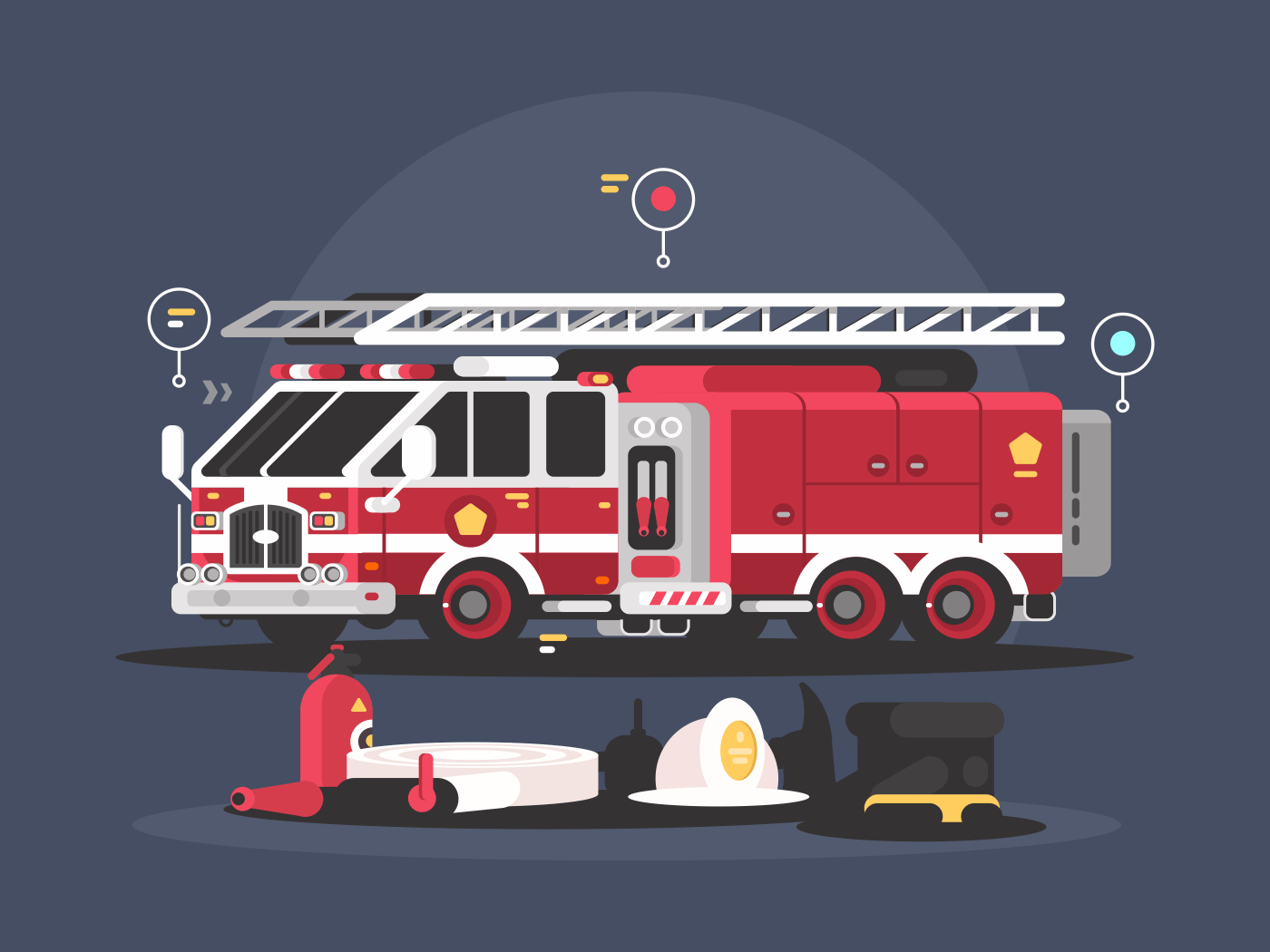 Fire truck and equipment for fire extinguishing. Vector flat illustration