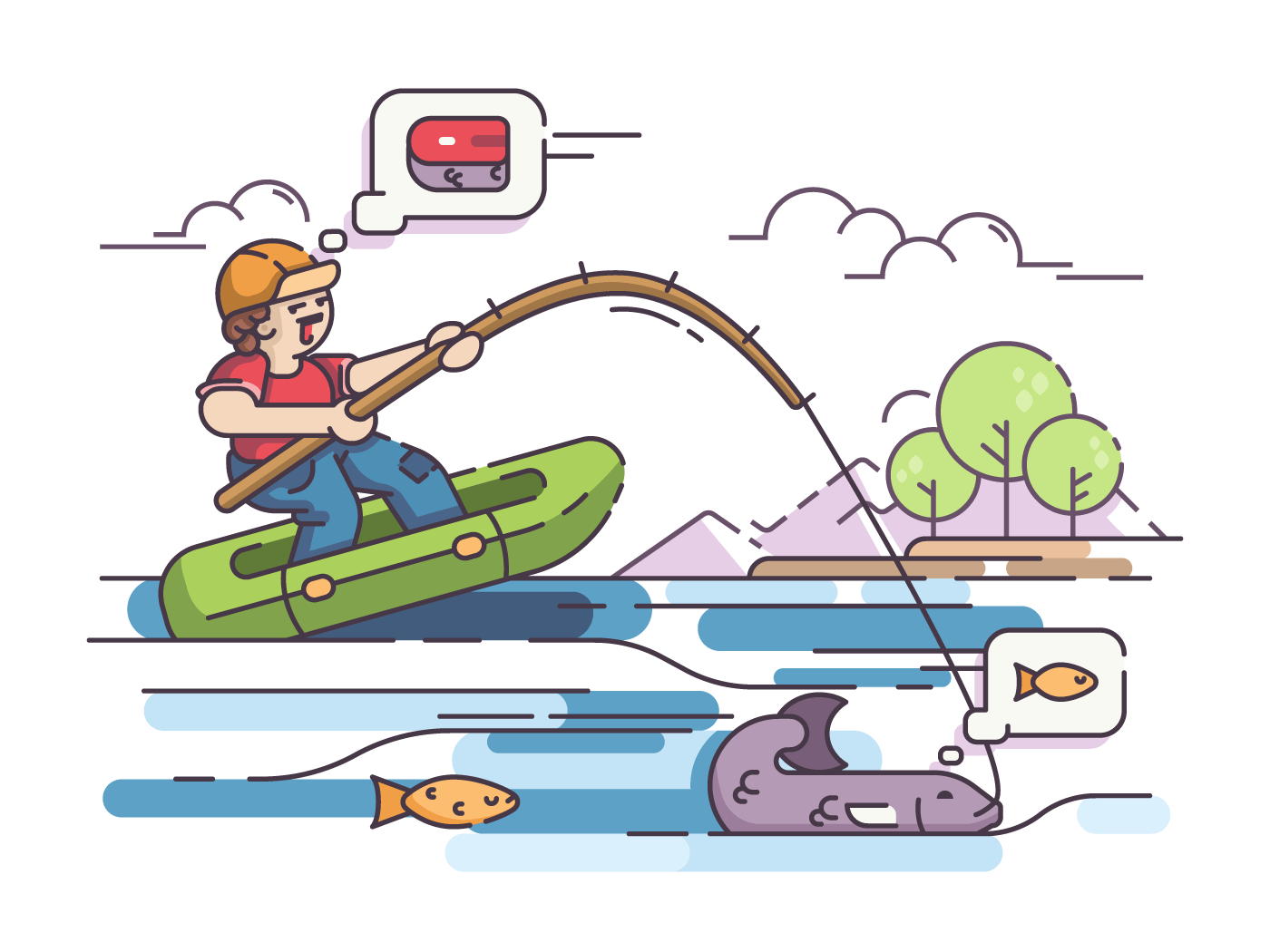 Fisherman in rubber boat fishing on lake. Vector flat illustration
