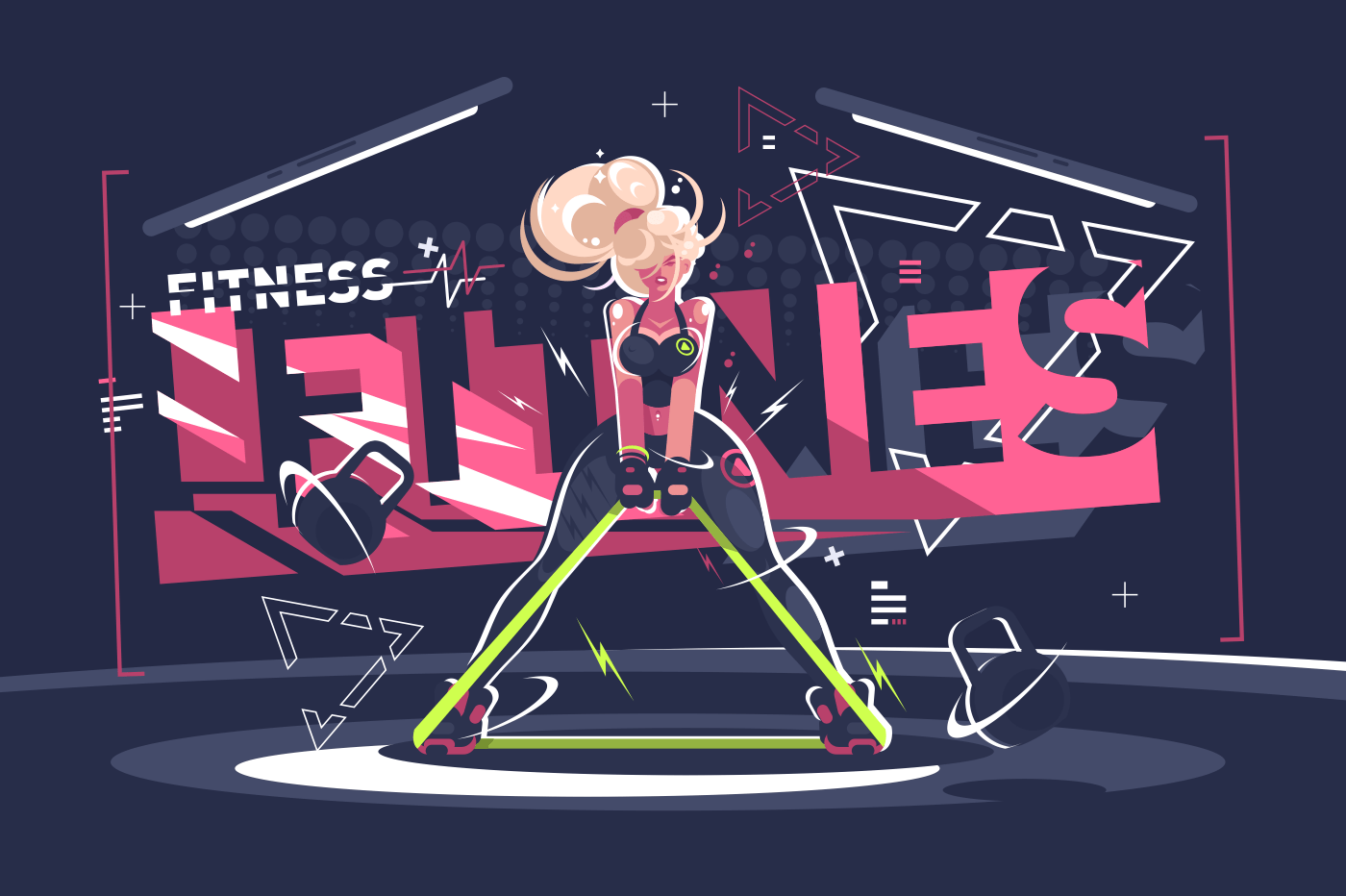 Fitness instructor girl. Cute woman trains in gym. Vector illustration