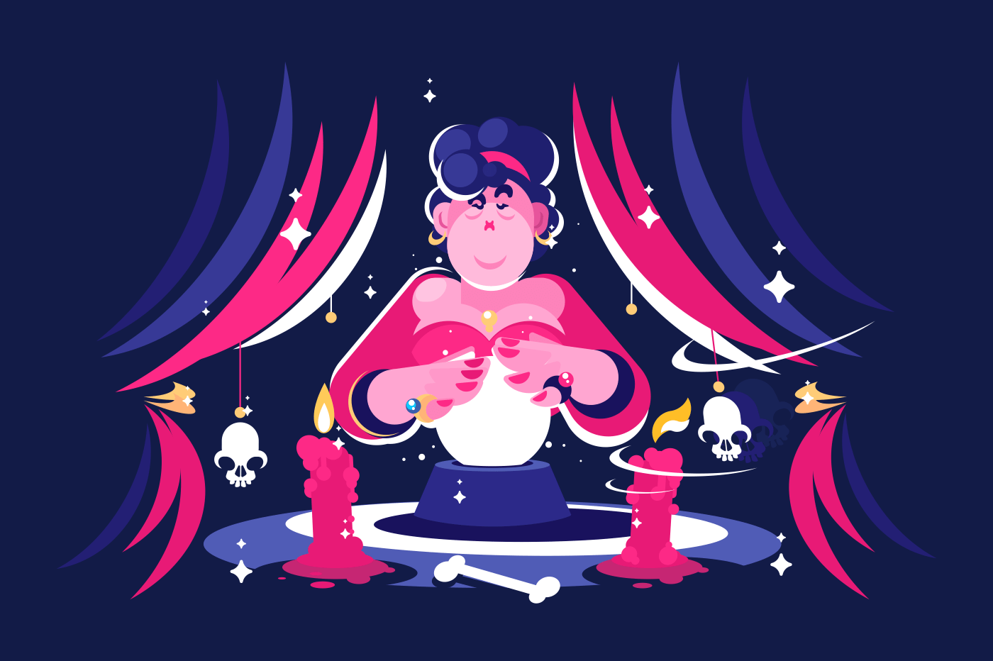 Woman fortune teller with magical crystal ball reading future in dark room. Flat. Vector illustration.