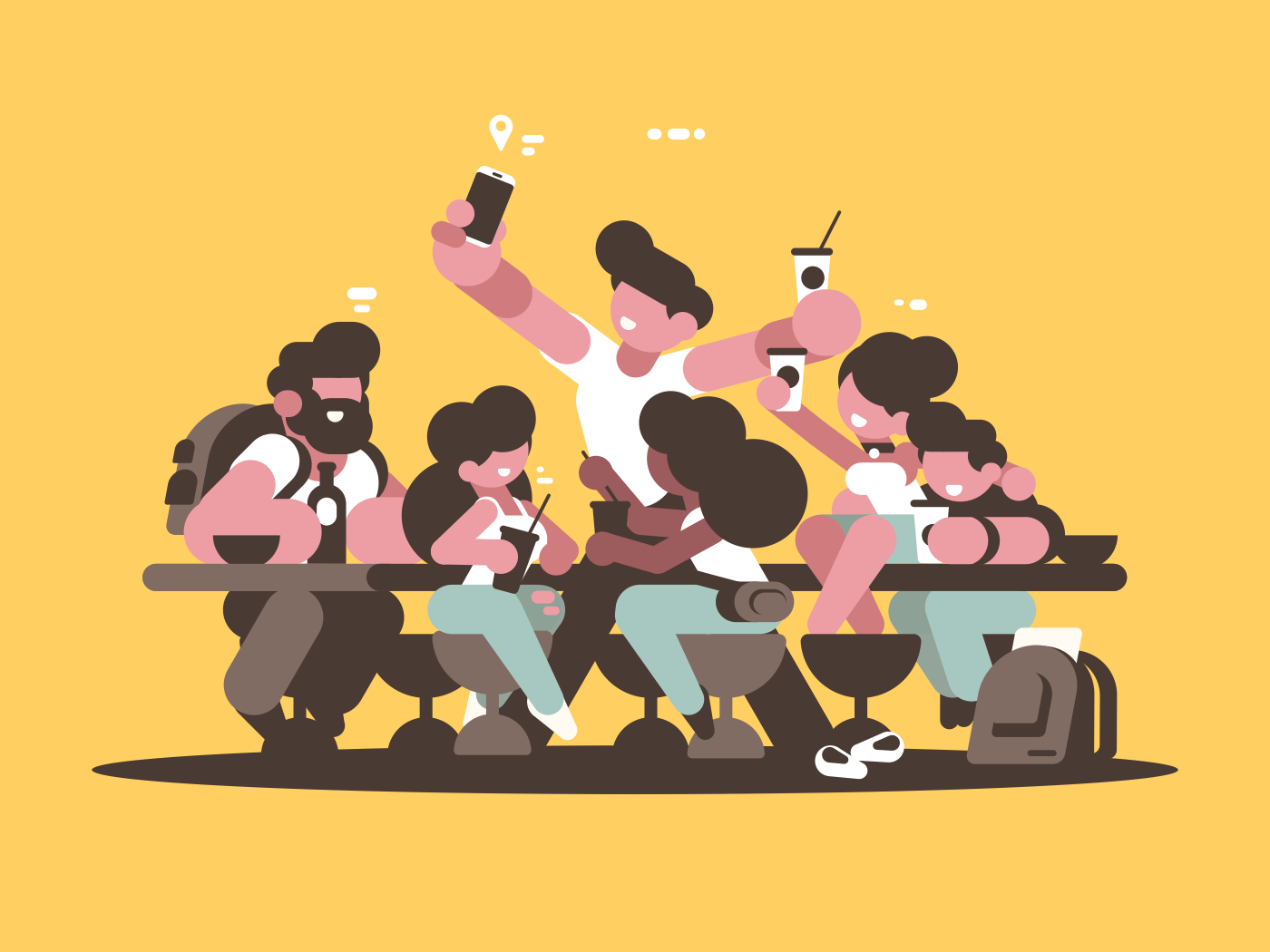 Group of happy friends guys girls relaxing in cafe. Vector illustration