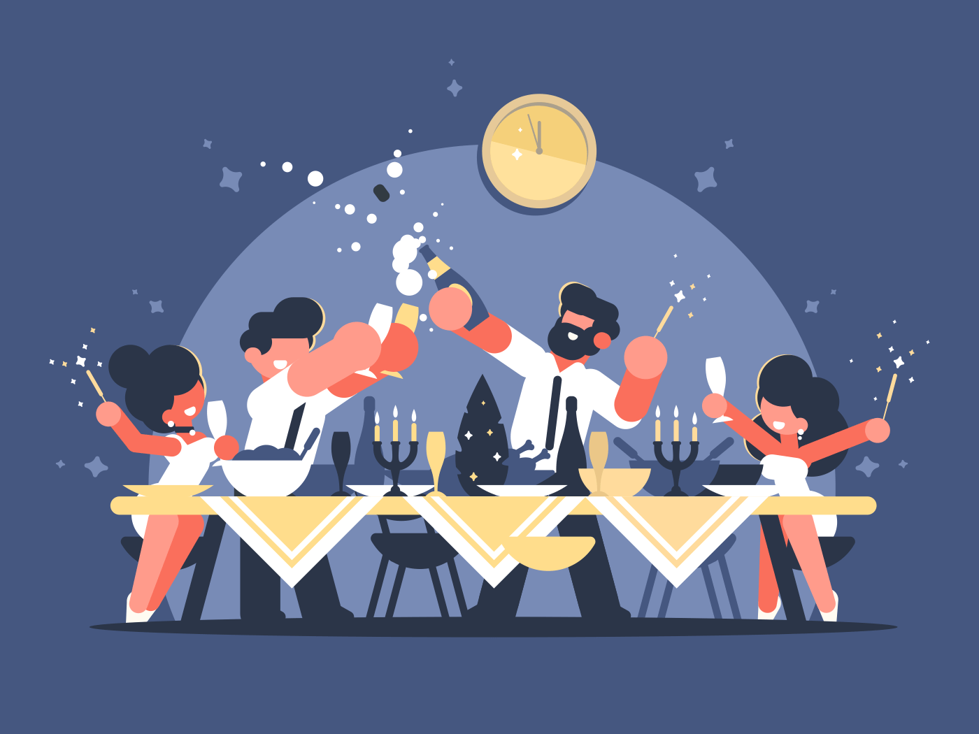 Friends celebrate new year at table with champagne. Vector illustration