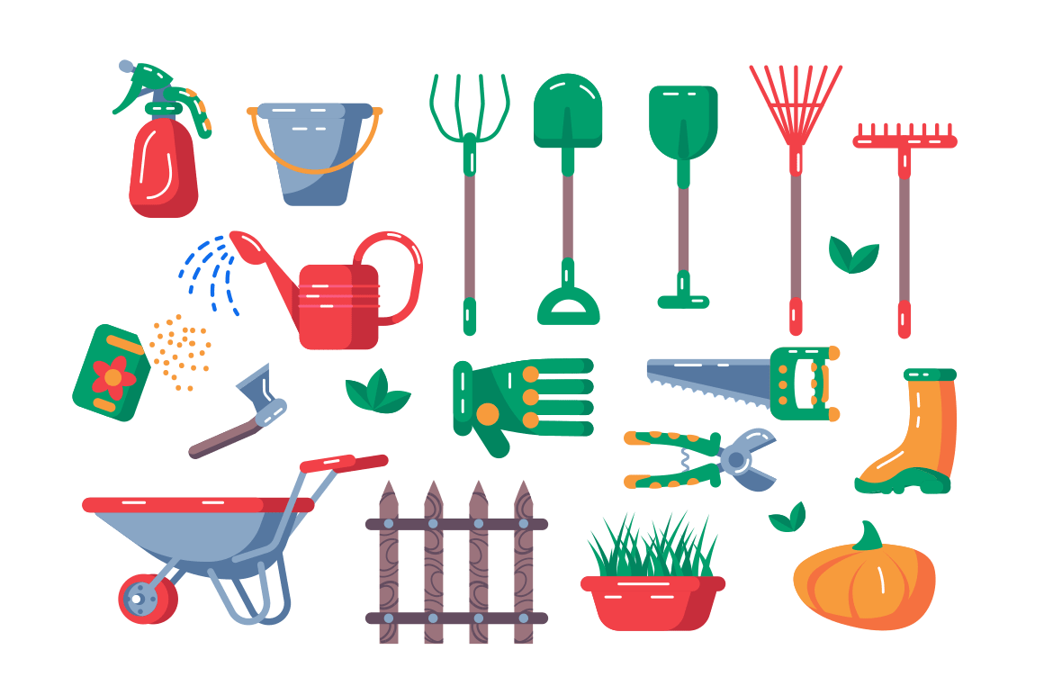 Gardening equipment set vector illustration. Collection consists of kaleyards tools and accessoires flat style design. Agriculture and farming concept. Isolated on white