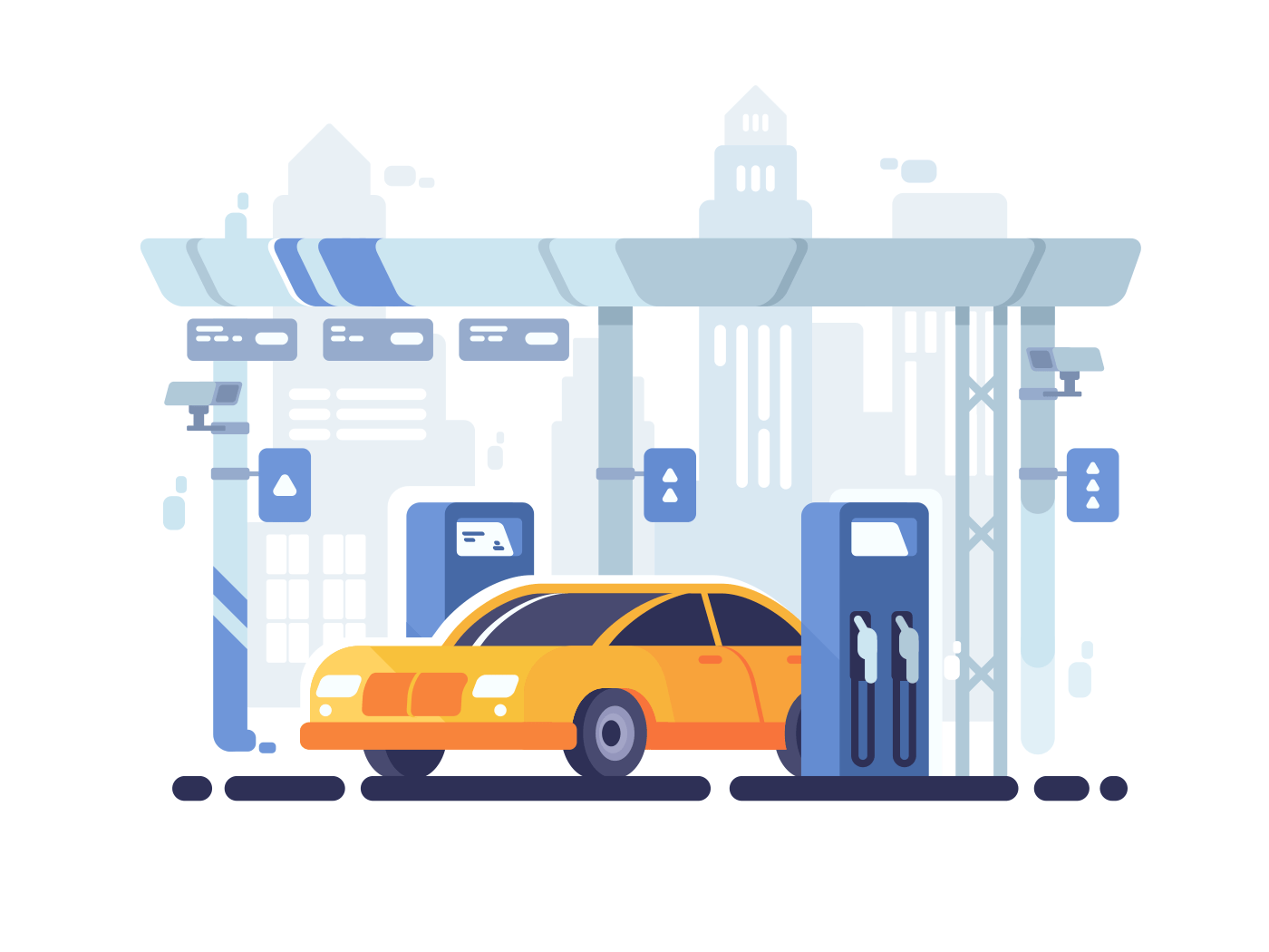 Car fueled at gas station. Fuel industry for machines. Vector illustration