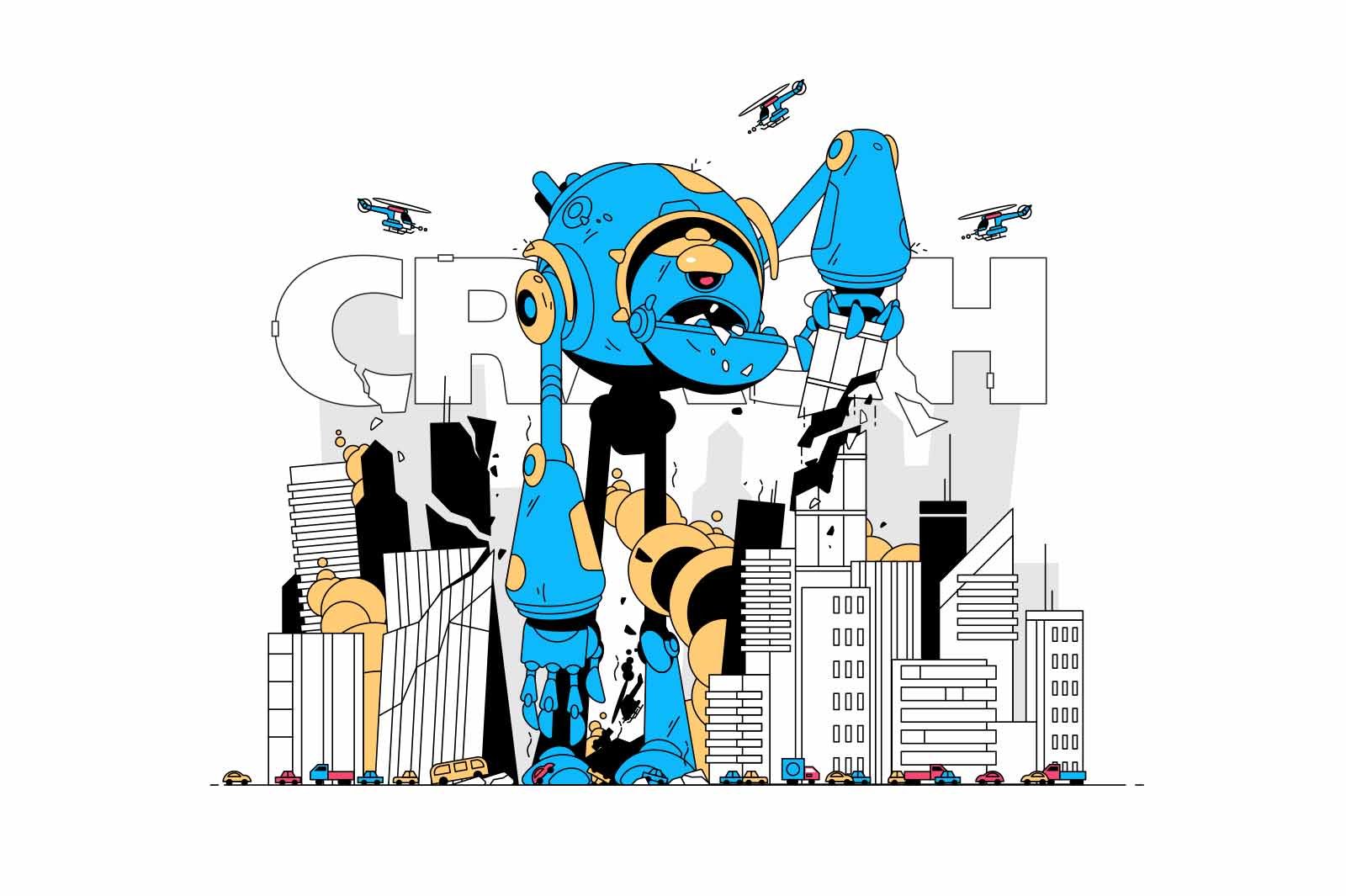 Giant destroyer robot vector illustration. Large cyborg ruin buildings flat style. Word crash. Destroyed city centre. Modern technology and development concept. Isolated on white background