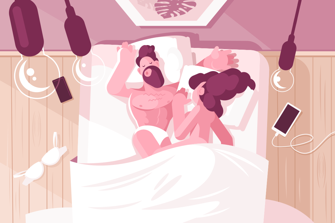 Girl and guy lying in bed vector illustration. Cartoon young man and woman sleeping in bedroom together flat style concept. Sweet couple sleeping embracing. Cozy home interior