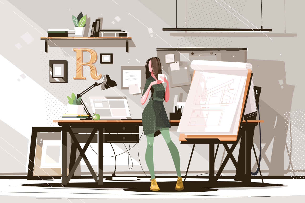 Girl architect working on project vector illustration. Hardworking woman drawing new plan and holding cup with hot coffee flat style concept. Studio interior