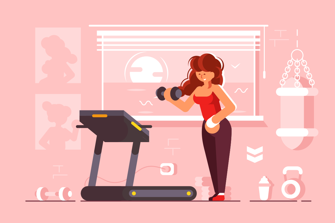Girl doing sport gym vector illustration. Cartoon slim woman making exercises with dumbbells and running on treadmill flat style design. Healthy lifestyle concept
