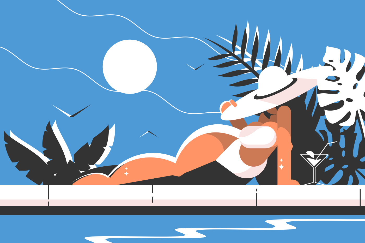 Attractive girl in white bikini and hat resting near pool. Vector illustration