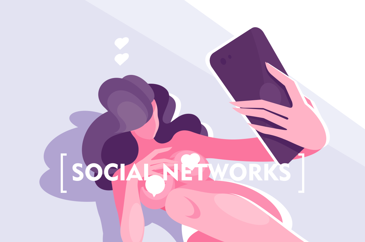 Beautiful girl in social networks vector illustration. Young naked woman with likes and comments symbols on breast lying and taking selfie or chatting online on modern smartphone flat style concept