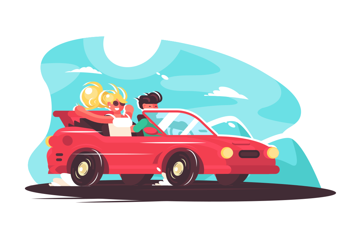 Girl with boy having fun time together vector illustration. Young man and woman travelling by car at summer holidays. Countryside travel ride and vacation car road trip