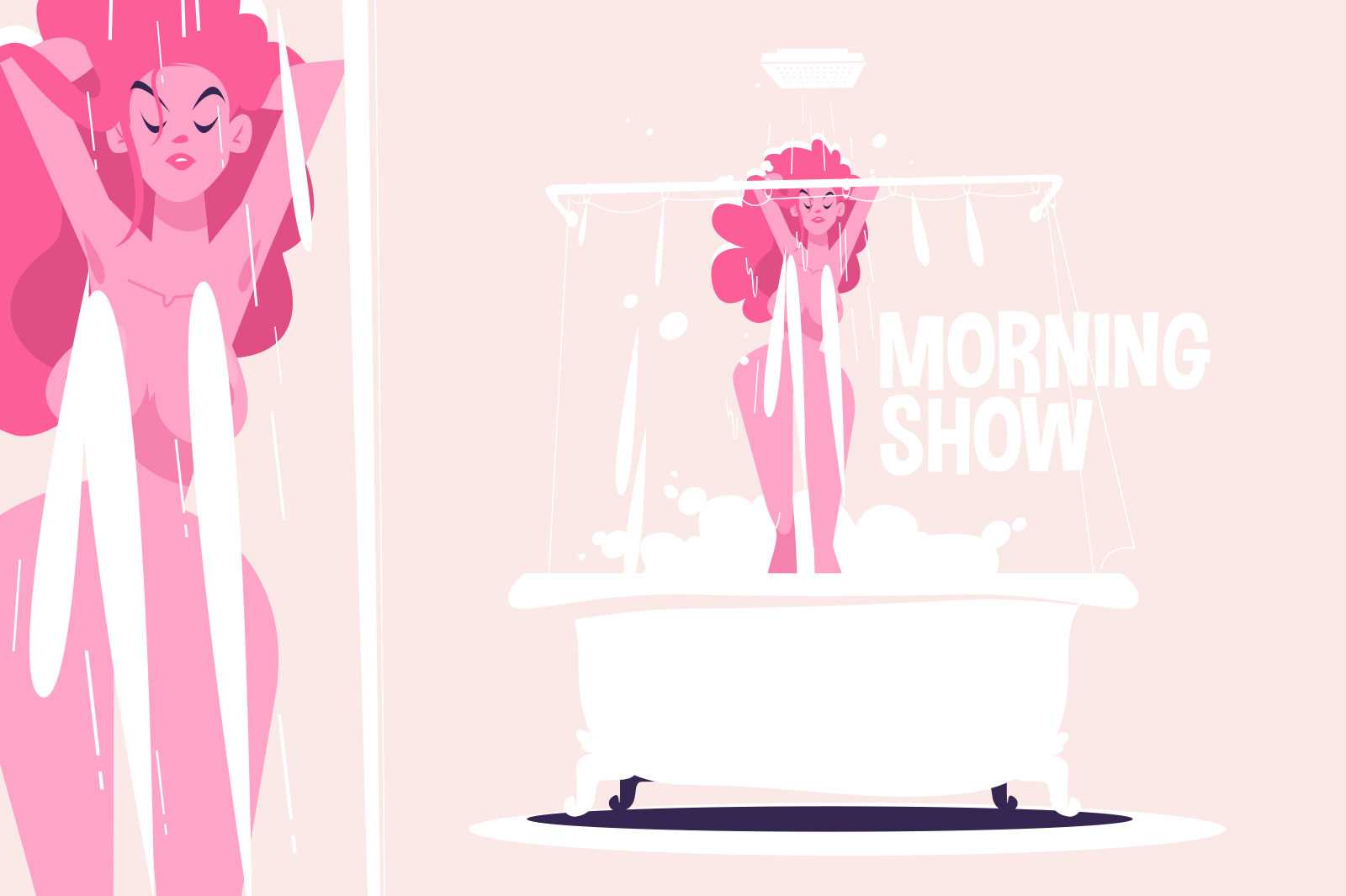 Girl in bathroom vector illustration. Female taking shower and washing hair and body flat style. Hygiene and beauty treatment concept. Isolated on pink background