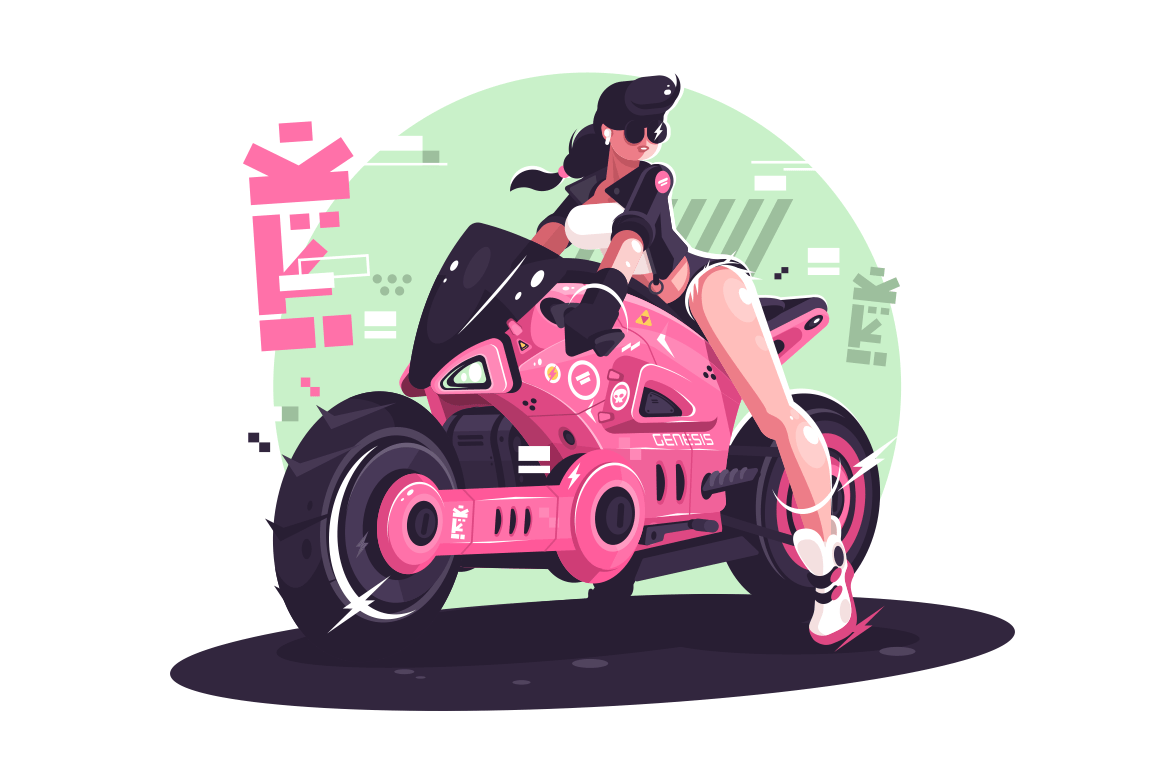 Glamour girl biker riding on motorbike. Fashion brunette on pink motorcycle vector illustration. Young sexy woman sitting on motor bicycle flat style concept. Isolated on white