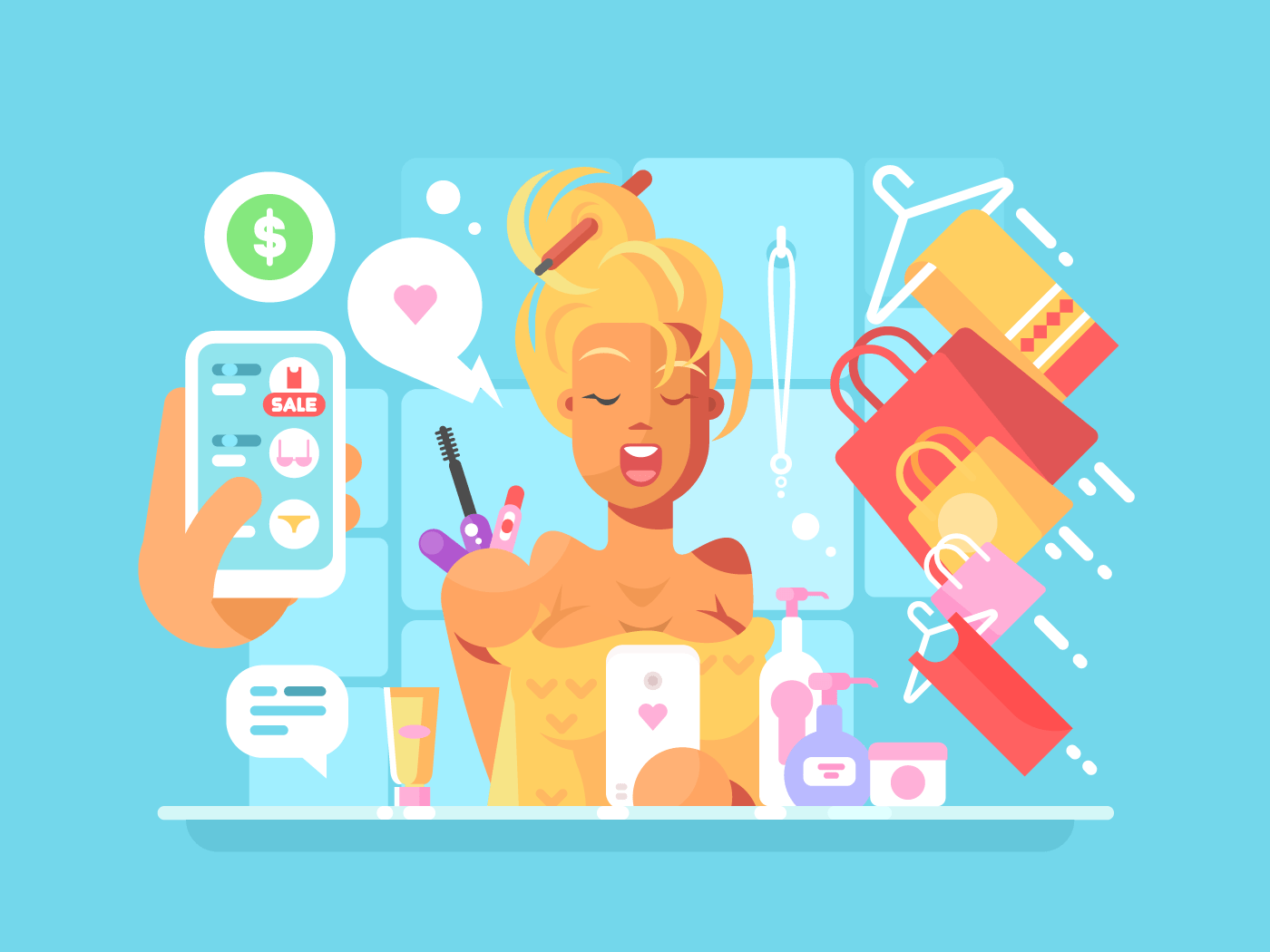 Young woman shopping online flat vector illustration