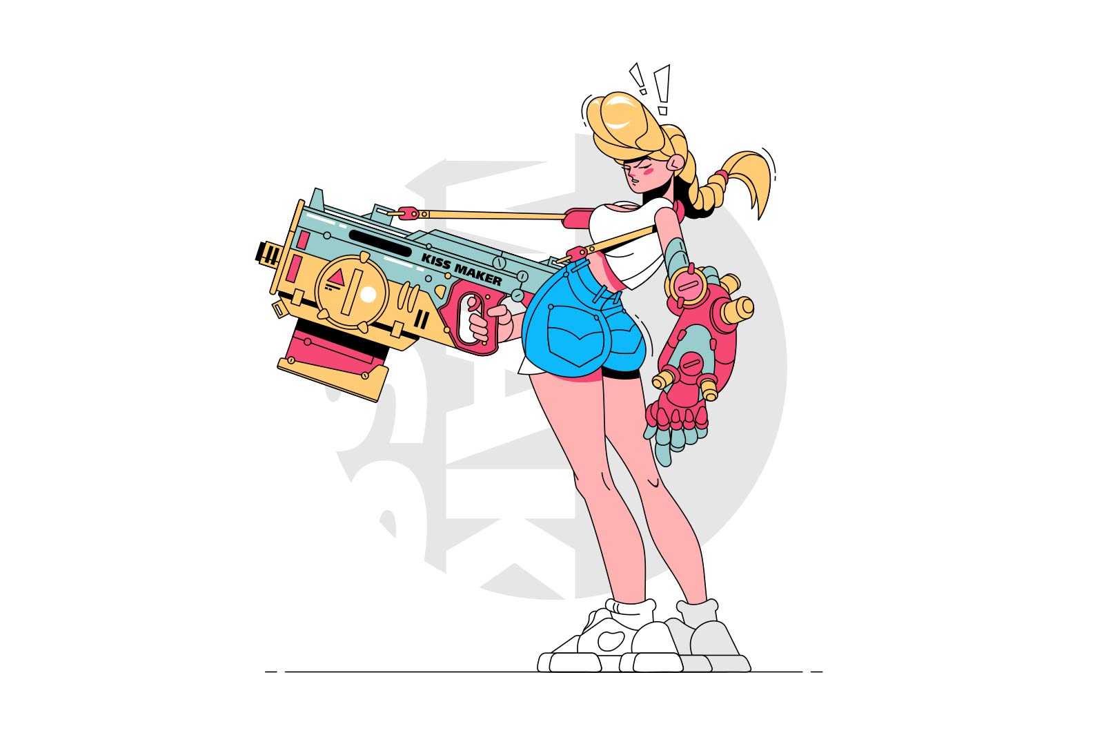 Girl with gun vector illustration. Blonde teenager in stylish outfit holding weapon flat style. Modern art and creativity concept. Isolated on white background