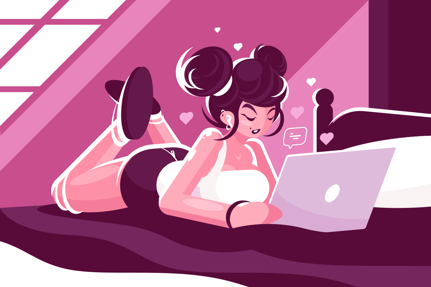 Beautiful asian woman lies on bed and using laptop. Girl online social media communication concept. Flat. Vector illustration.