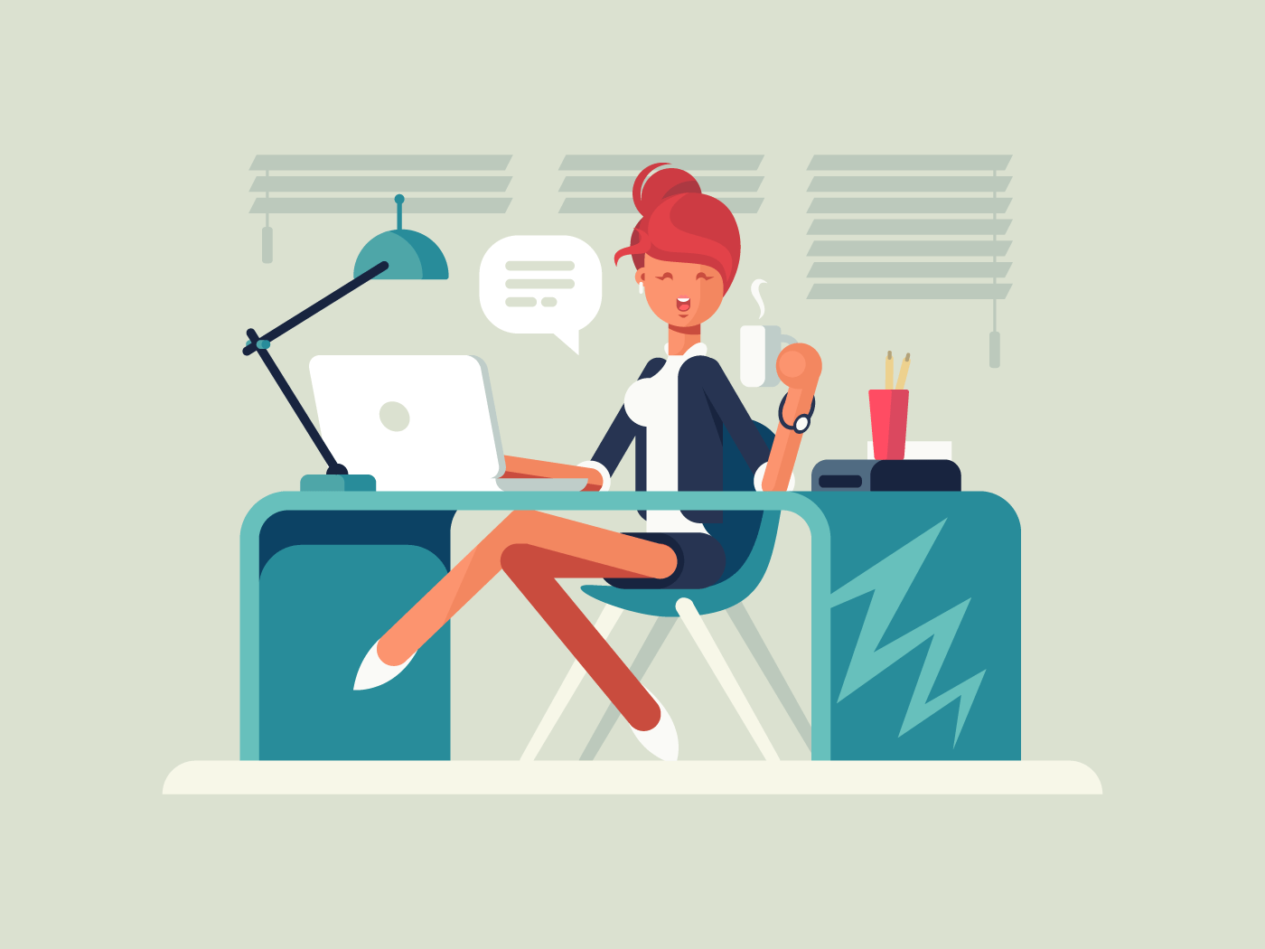 Young girl at workplace flat vector illustration