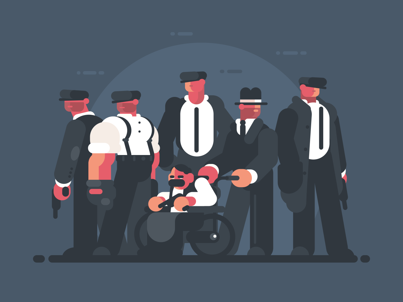 Godfather of mafia. Man in wheelchair and group of gangsters. Vector illustration