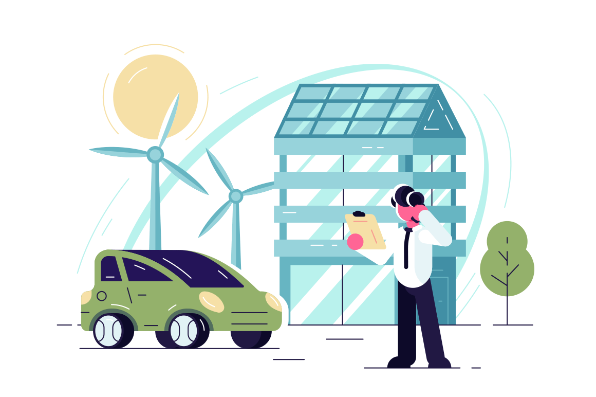 Green energy technologies vector illustration. Man standing near eco friendly modern house and car powered by wind flat style concept. Renewable power city of future