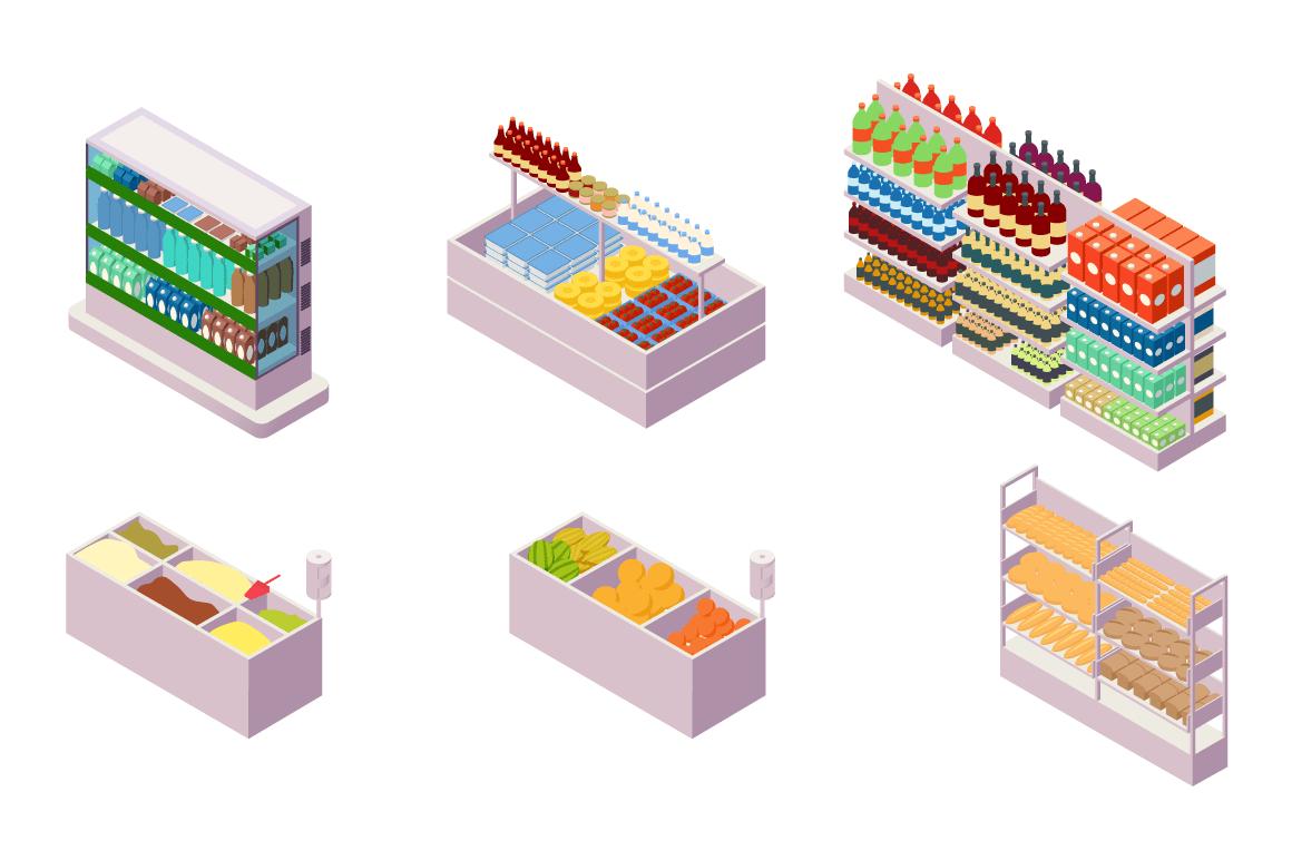 Isometric 3d collection isolated urban element of grocery department.