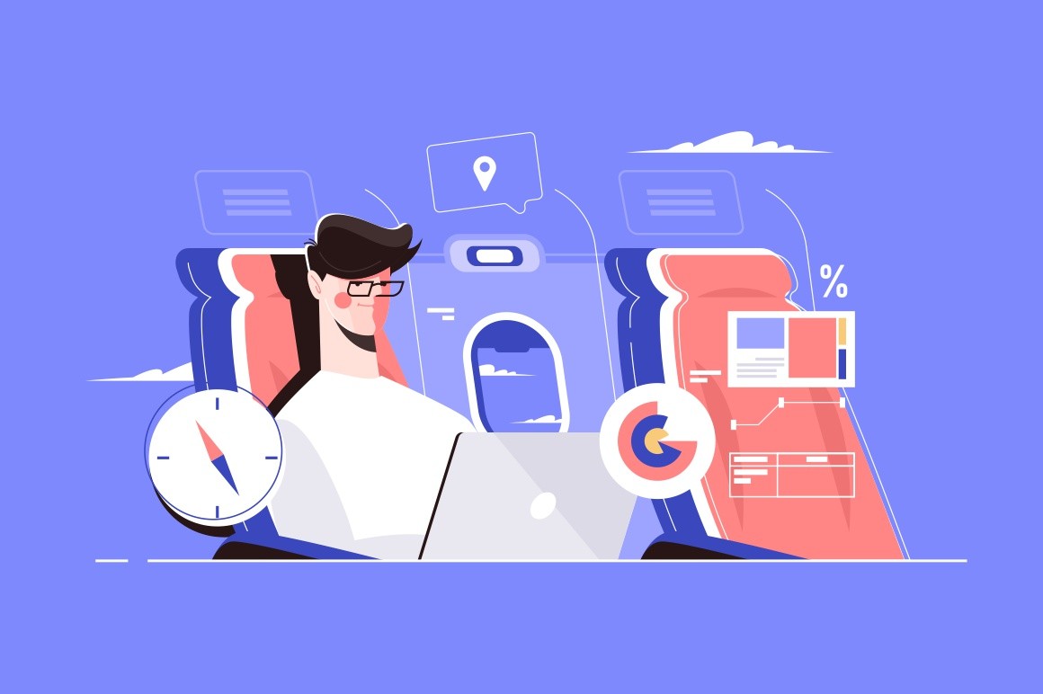 Guy sitting on aircraft seat in plane vector illustration. Man in glasses working at laptop with business charts and graphs during biz flight flat style concept