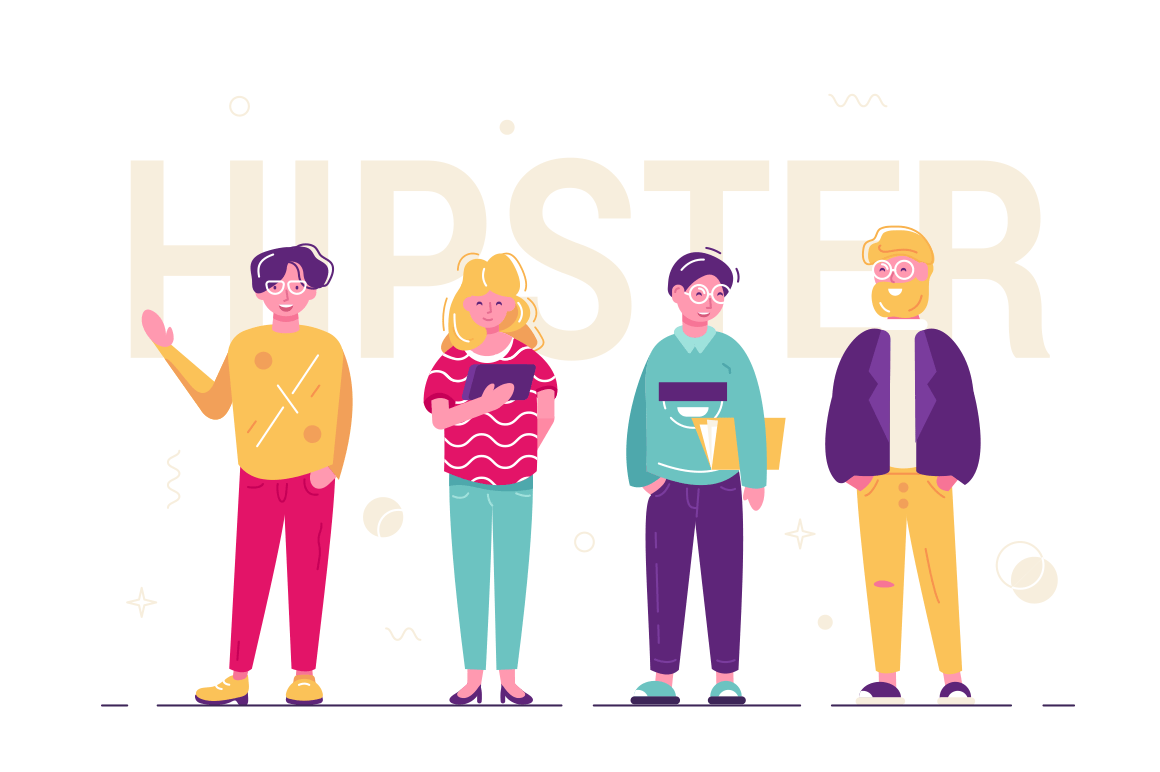 Hipster people standing together vector illustration. Fashionable men and woman dressed in trendy clothes flat style concept. Urban citizen characters