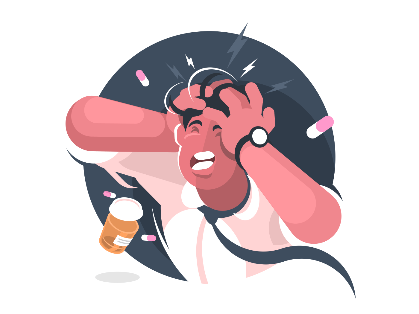 Grimace of man with severe headache. Pain reliever tablets. Vector illustration