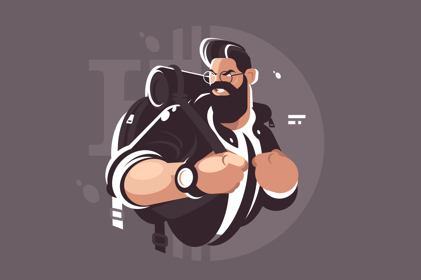 Decisive hipster ready to act. Concept man with beard, watch, backpack in suit ready to travel, work, battle, hr. Vector illustration.