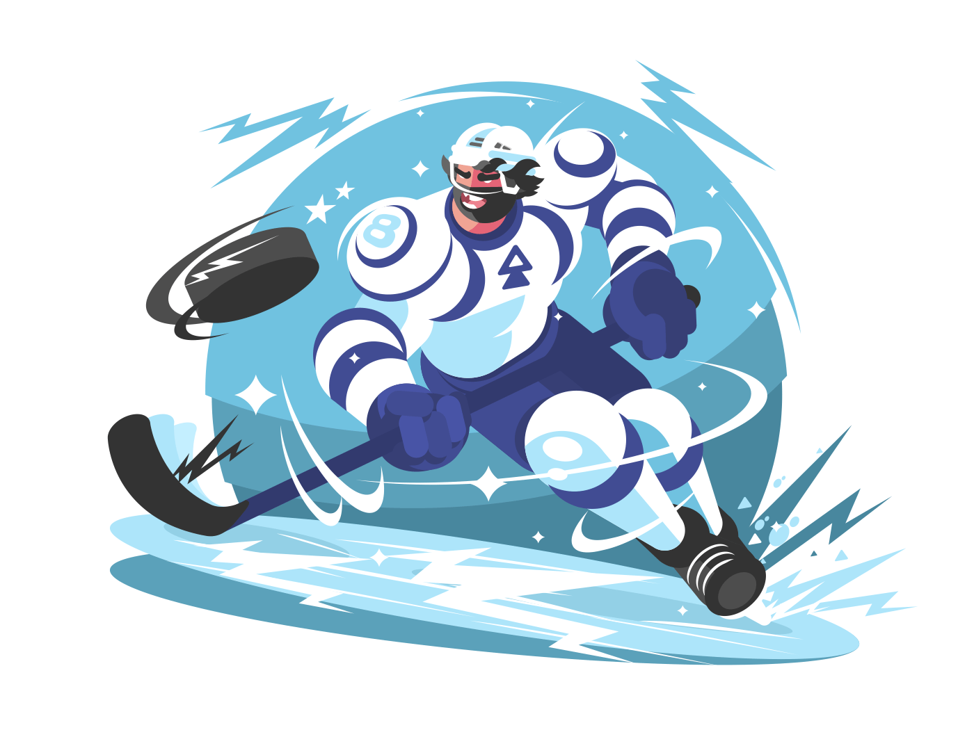Ice hockey team player with stick and puck. Vector illustration