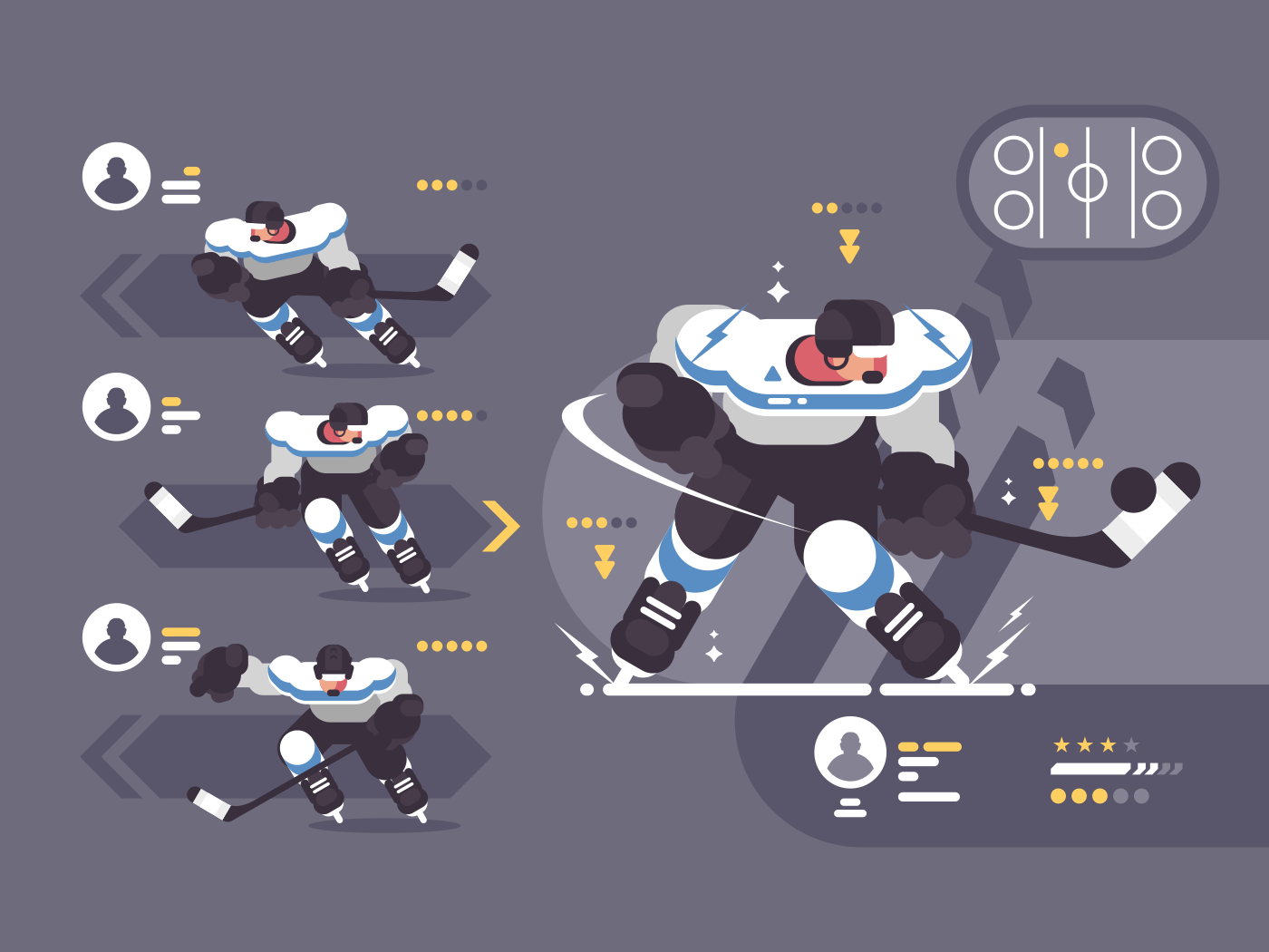 Hockey team players. Group of guys in helmets and sticks. Vector illustration