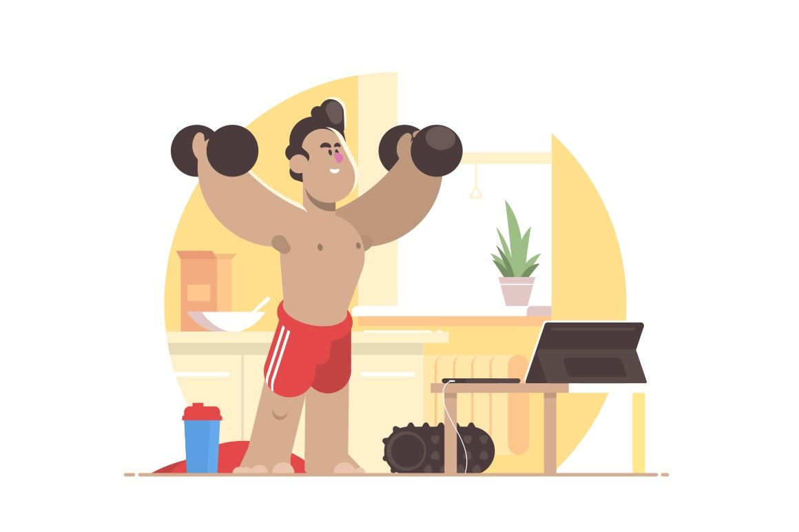 Sports workout at home vector illustration. Smiling man pumping muscles with dumbbells flat style design. Online training concept. Isolated on white background