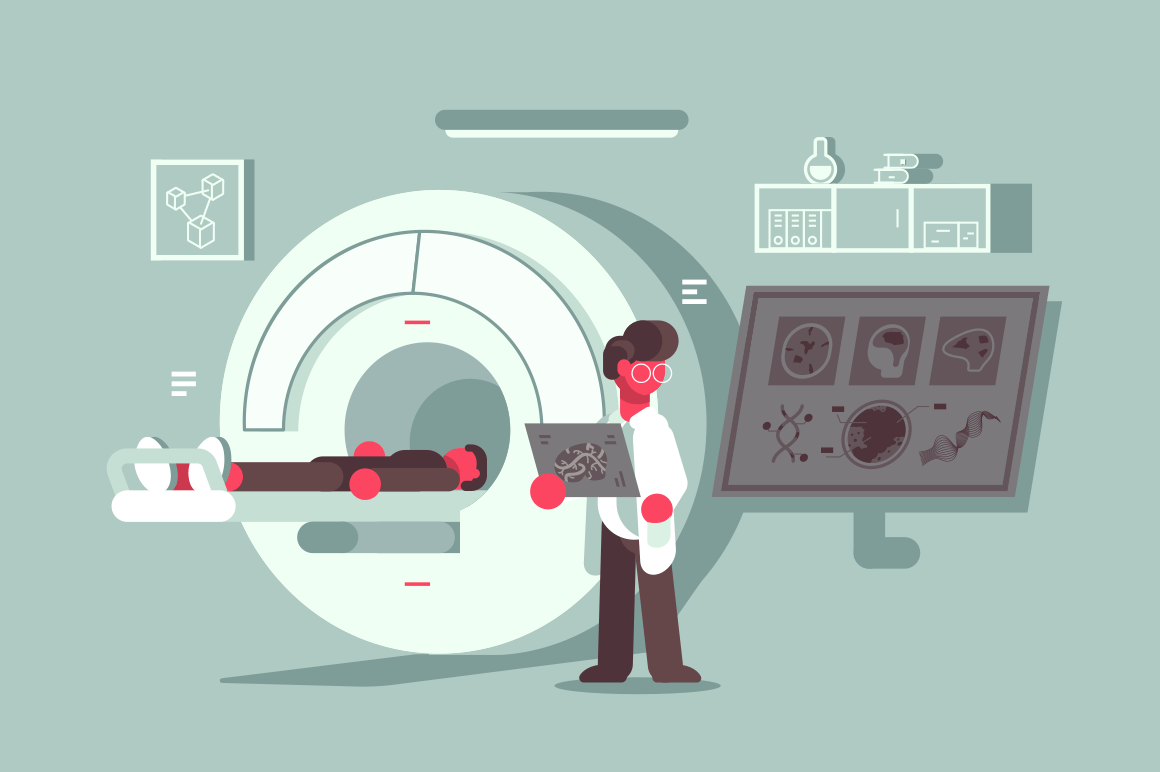 Patient having magnetic resonance imaging procedure at hospital. Doctor examining results of MRI scanning of brain vector illustration. Healthcare flat style concept. Machine Scanner on background
