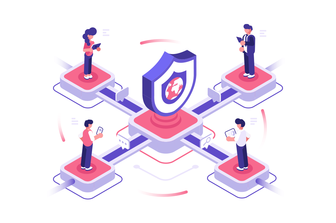 Internet and global network security vector illustration. People using modern gadgets. Secure data deposits online payments guarantee integrity of personal information concept