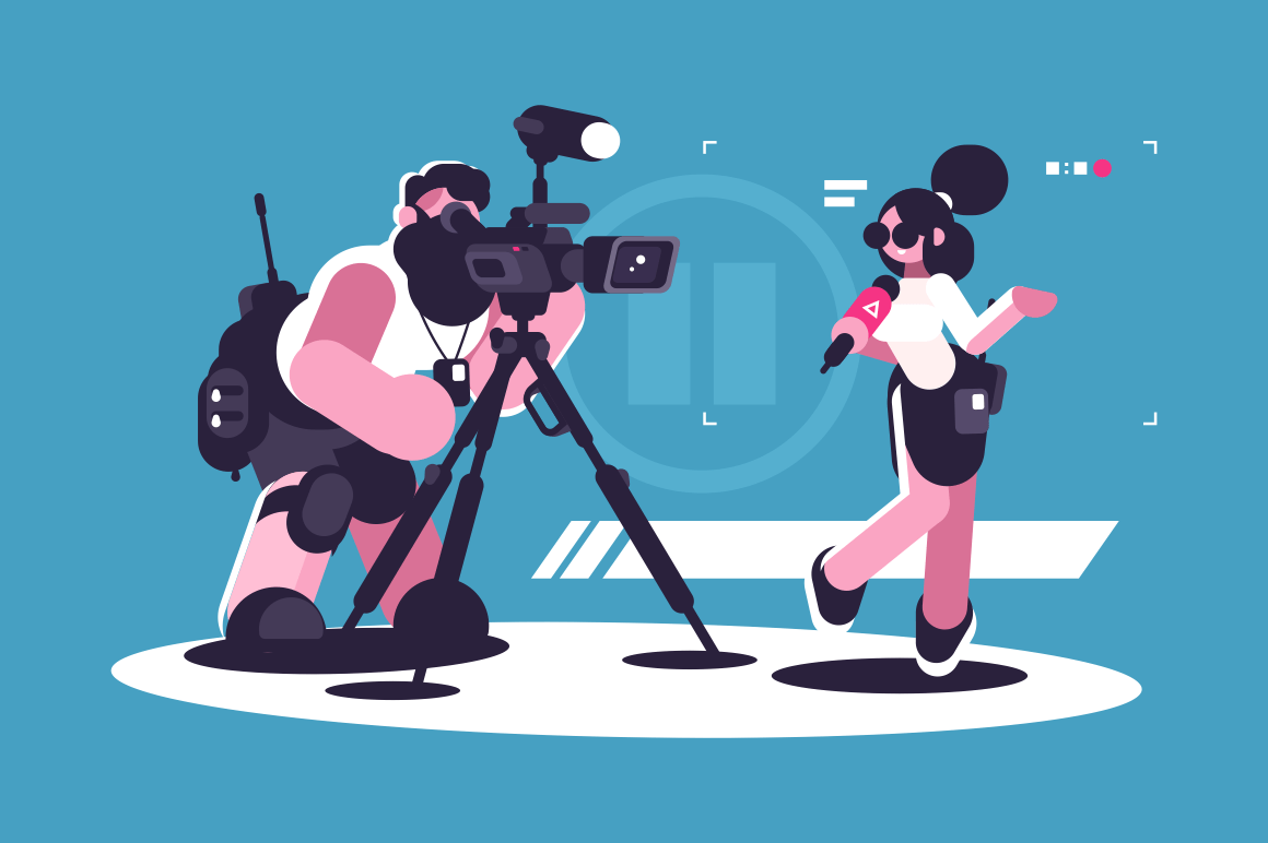 Journalist and cameraman doing report together. Girl reporter standing with microphone and filmmaker videotaping her reportage flat style concept vector illustration