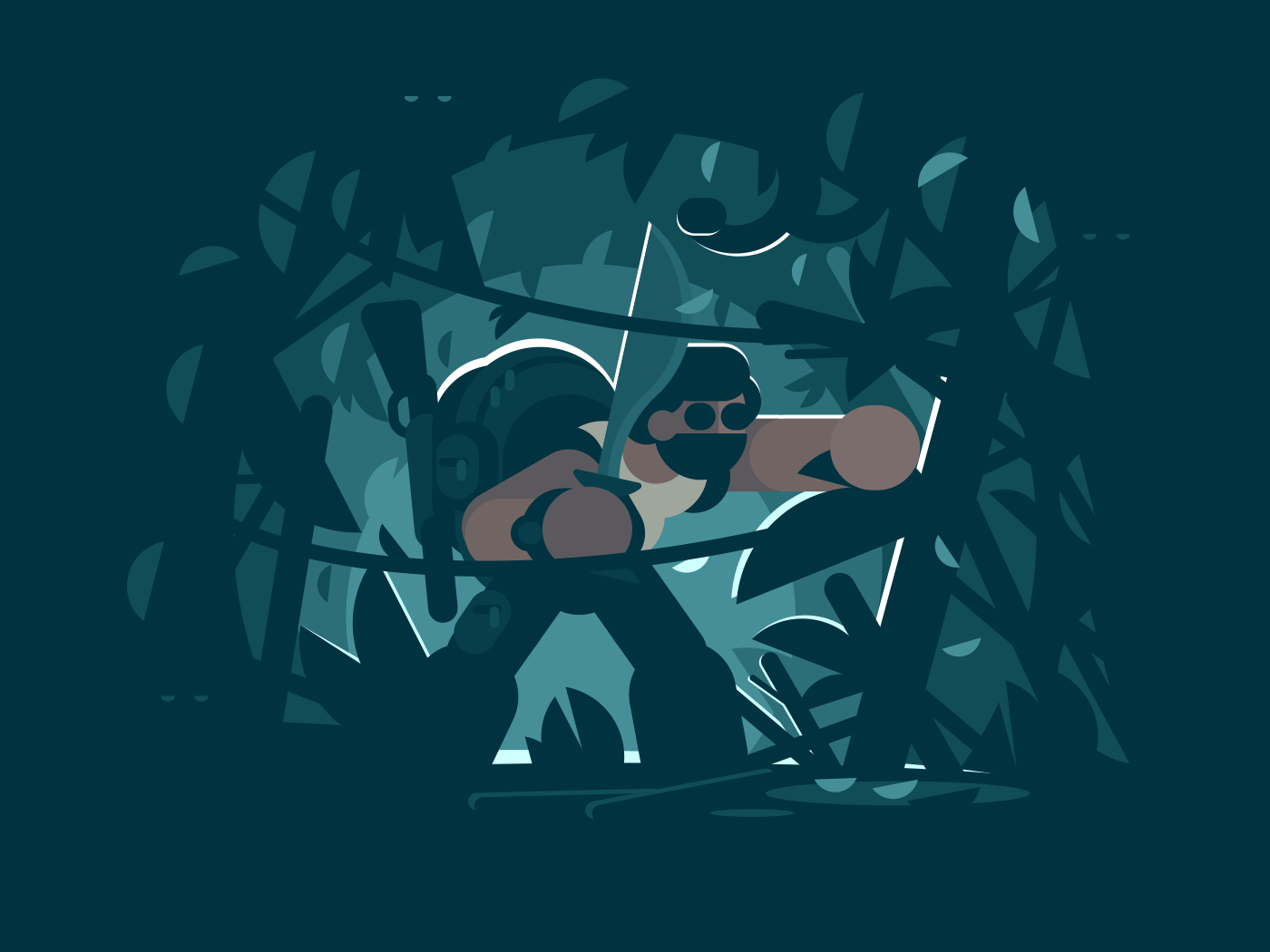 Traveler in jungle. Man with rucksack and rifle, chopping creepers in woods. Vector illustration