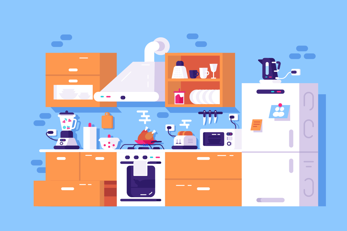 Home kitchen interior vector illustration. Canteen furniture and technics. Fridge, oven, cooker hood, microwave, toaster, mixer and electric kettle flat style design. Modern cook room concept