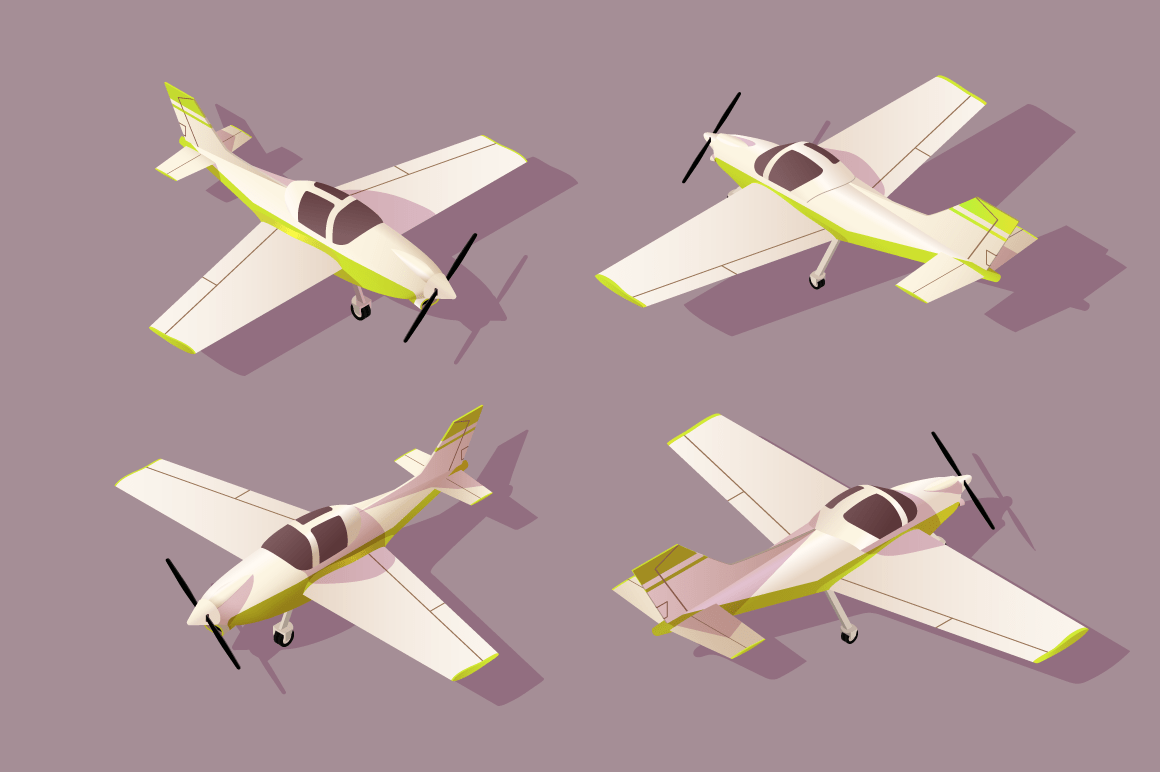 Set light aircraft for transportation by air with different view.